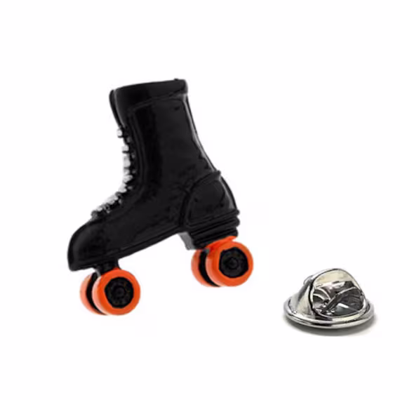 Old School Roller Skates Lapel Pin Black & Orange Enamel 3D Design Lanyard Skating Quad