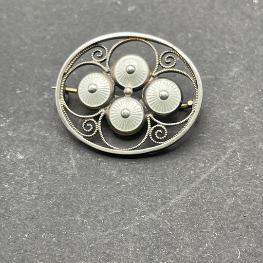 Aksel Holmsen, Norway, Antique Brooch, C Clasp, Modernist, Guilloche, White Enamel, Oval Shaped, 1 By 1.25 Inches