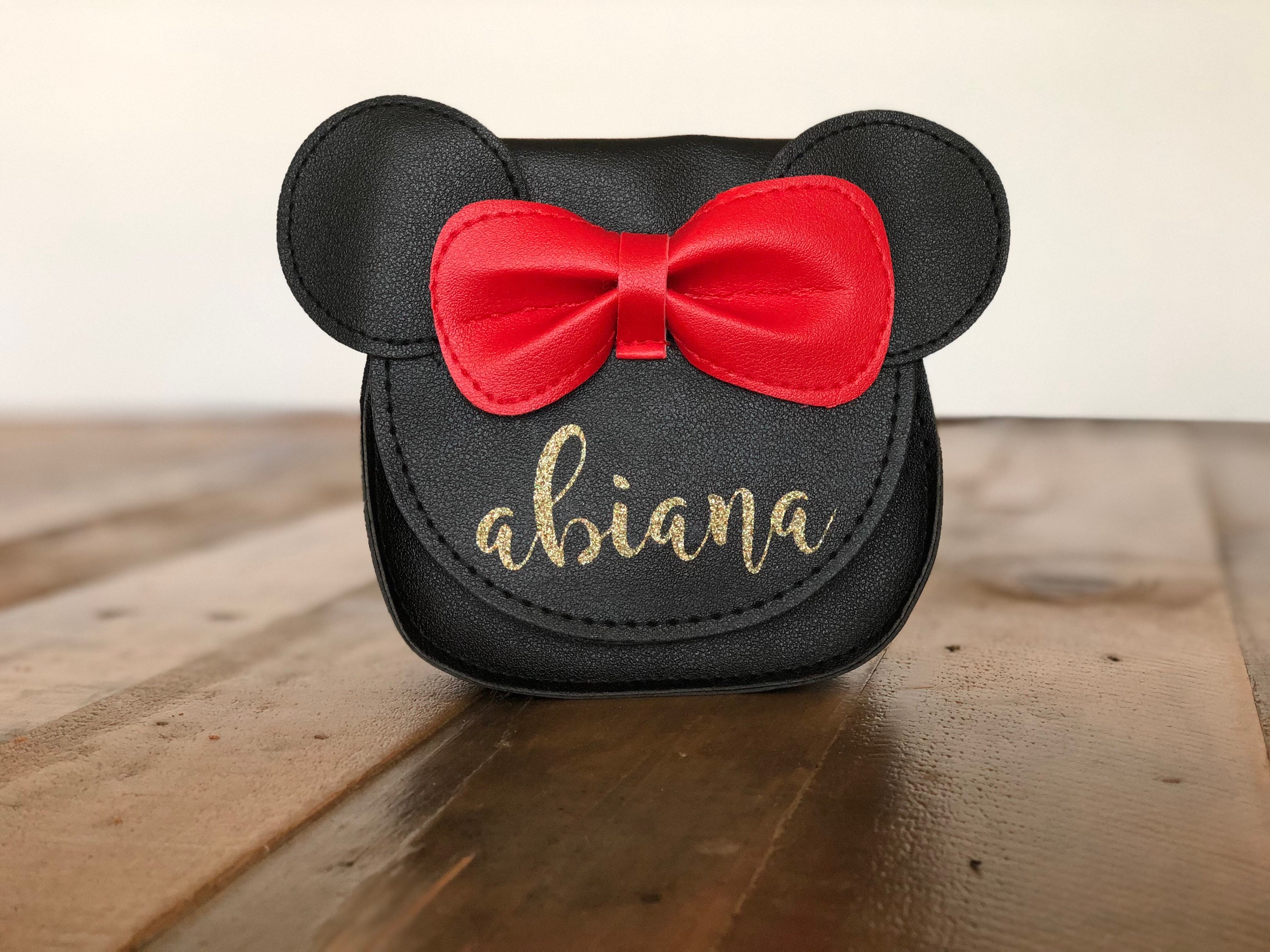 Black Personalized Minnie Mouse Purse | Toddler Size Cross Body Bag Name Customized Red Pink Glitter Faux Leather
