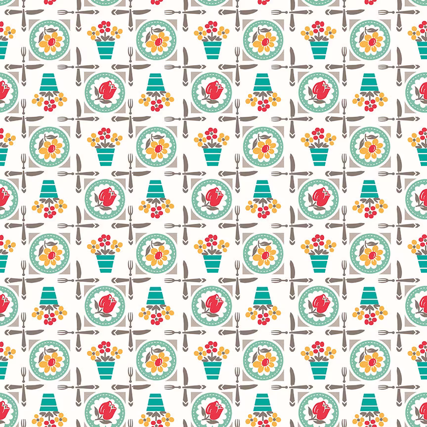 Lori Holt Cook Book Fabric By Riley Blake - White & Green "Luncheon" Kitchen The 1/2 Yard Or Fat Quarter