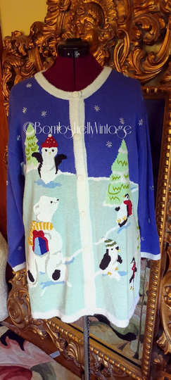 Vintage Storybook Knits Beaded Christmas Penguin & Polar Bear Cardigan Theme Sweater 1x New Old Stock