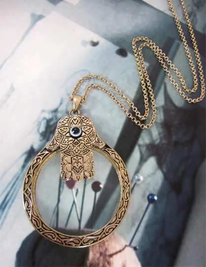 Hamsa 6 Times Magnifier Magnifying Glass Pendant Necklace, 30" Plus 3"