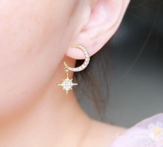 Moon & Star Earrings | Gold Plated Drop Diamond Moon North