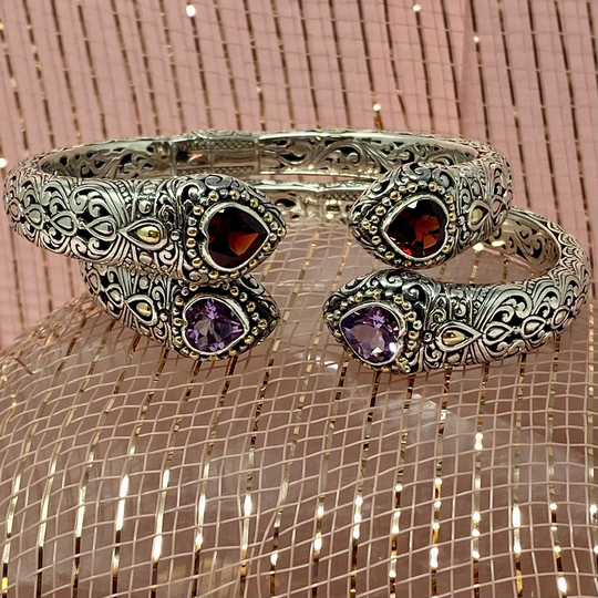 Bali Bracelet Love Heart Bracelet, Sterling Silver, 18K Gold, Amethyst, Blue Topaz Or Garnet Made in Indonesia By Artisans