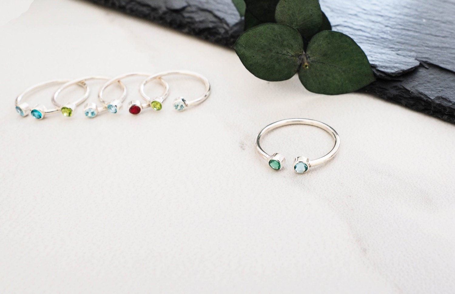 Dainty Birthstone Jewelry Dual Ring Skinny Gemstone Stacking in Silver, Gold & Rose Christmas Gift For Her Rh05