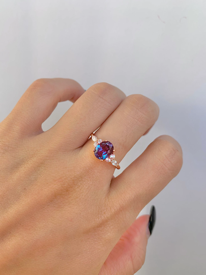 Fig 14K Gold Alexandrite Ring Engagement Rings For Women Vintage Crystal Diamond Gemstone Birthday Gift Her June Birthstone