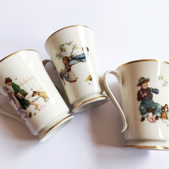 Rare Vintage | Set Of 9 Gorham, Fine China, Normal Rockwell Pedestal Mugs No. 9800