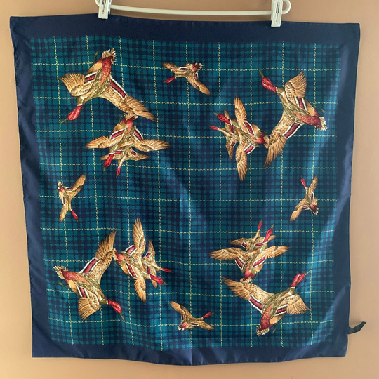 Wild Duck Print Scarf, Ducks Against A Blue Green Plaid Background, Gift For Her, 30 Inches Square