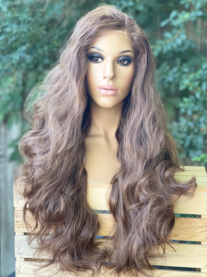 Human Hair Blend Wig Brown Wig 13x3" Multi Parting Brown Lace Front Hd Lace Wavy 22"