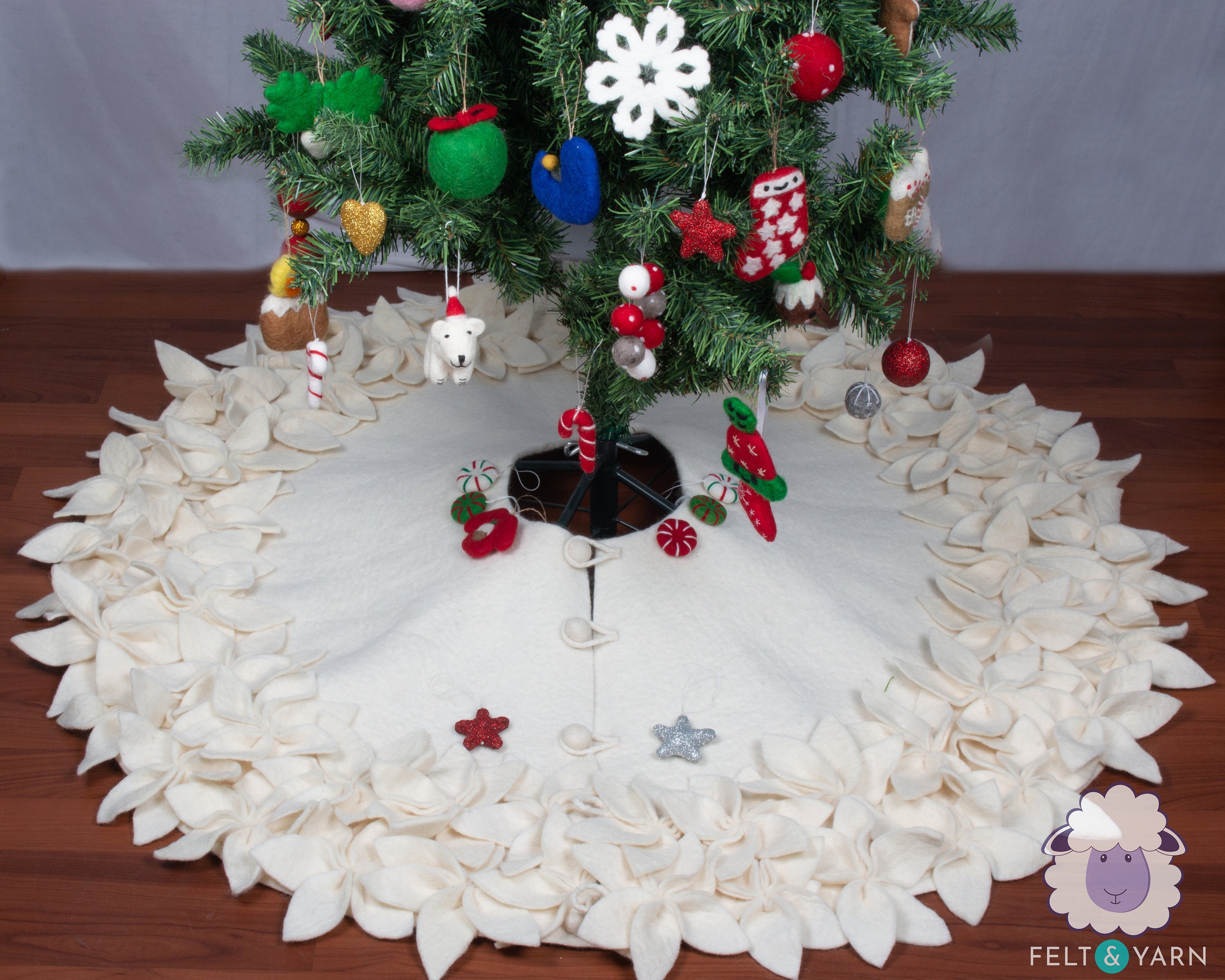 Wool Felt Tree Skirt Red & White Base Comes in 3 Sizes Hand Felted Christmas Decorations Fair Trade & Ethically Made