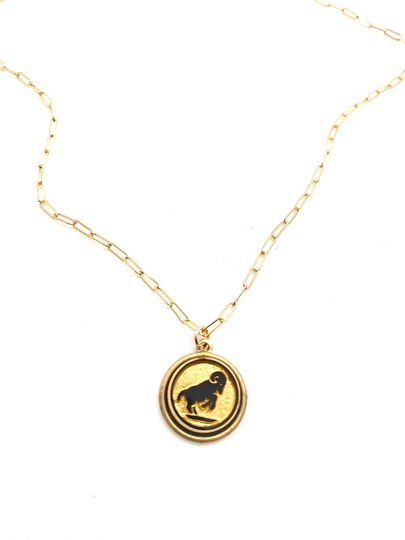 Amazing Rare Vintage Glass & Gold Aires Ram Charm Necklace, 14K Filled Paperclip Chain, Made in Germany, Boho Astrology