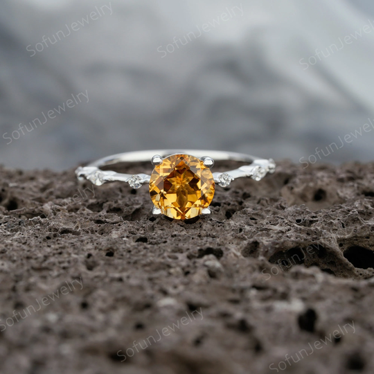 Vintage Natural Citrine Engagement Ring, Unique November Birthstone Round Cut 14K Gold Wedding Promise Ring Gift For Women