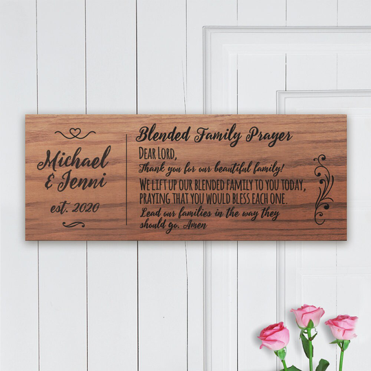 Personalized Wooden Family Sign - Blended Gift Non-Traditional Remarriage Custom Names Prayer Wide