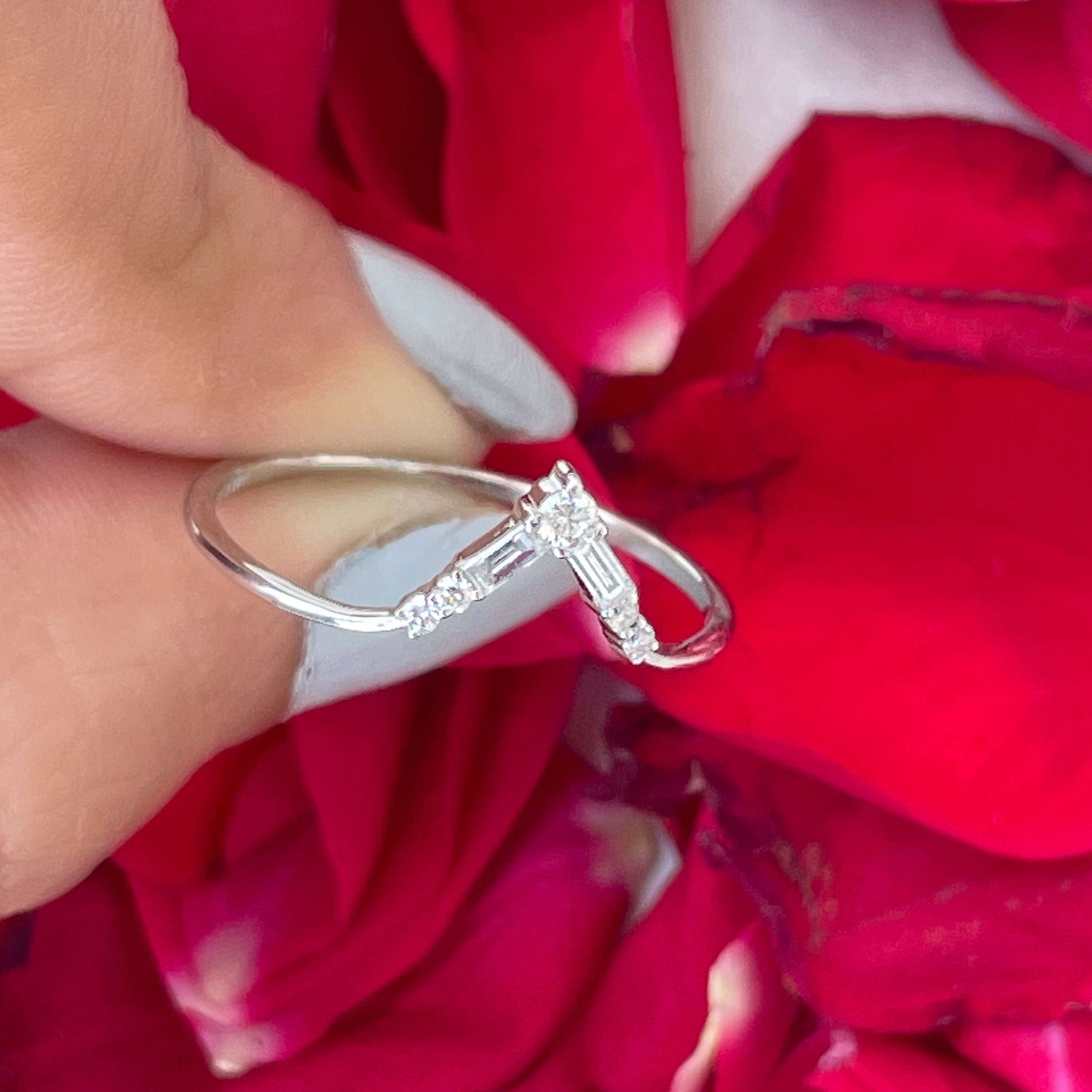 1/4 Ct Round & Baguette Diamond Band, Chevron Ring, April Birthstone Wishbone Promise Ring For Her
