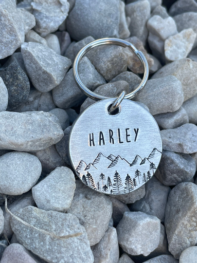 Handmade Mountain & Trees Dog Tag, Cat Tag, Lover Pet Tag
