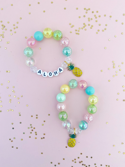 Pineapple Beach Aloha Summer Kids Charm Bracelet, Ocean, Toddler Custom Name, For Girls