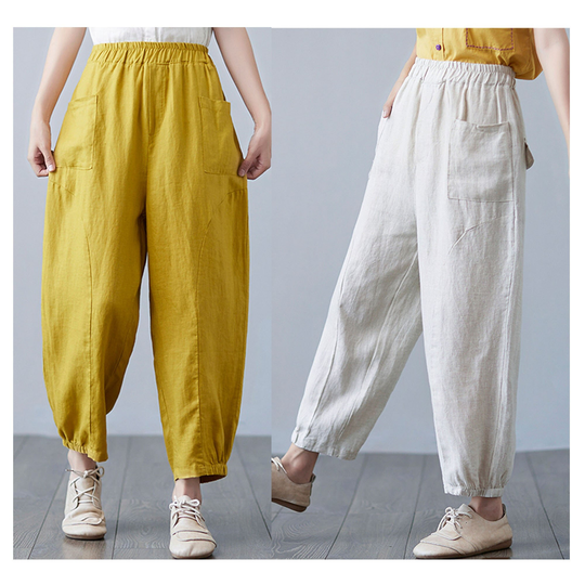 Summer Cotton Linen Pants, Women Retro Jogger Yoga High Waist Trousers, Elastic Pants