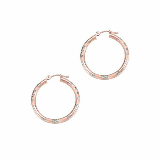 1" Diamond Cut Hoop Earrings Real 14K Rose Gold 2.0Gr