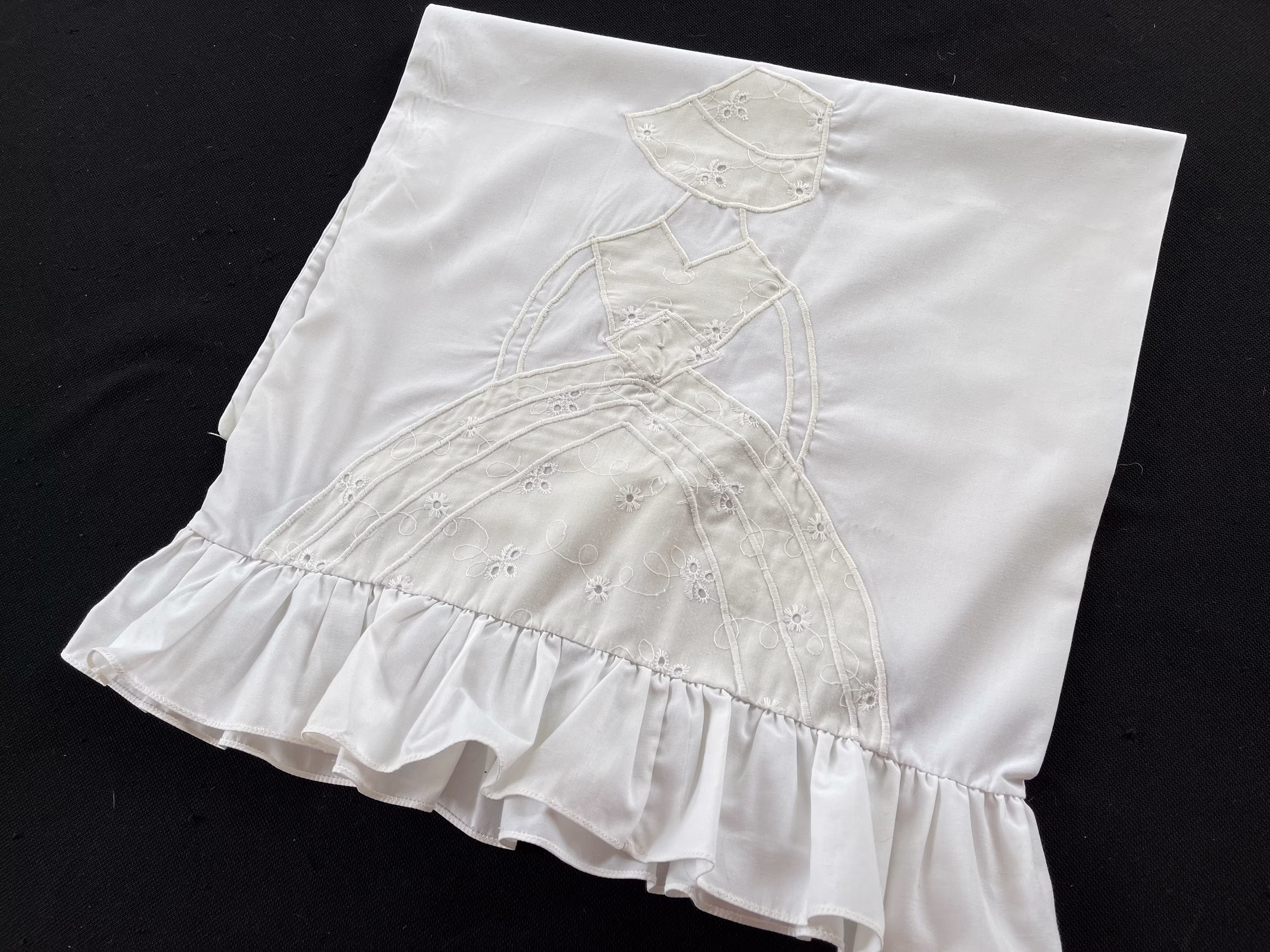 Vintage Single Orphaned White On Cotton Blend With Hand Embroidery & Eyelet Southern Belle Pillowcase Ruffle Trim