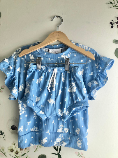 Chambray Blue With White Dainty Floral Rib Ruffle Sleeve Lounge Top & Shorties Baby 0-3 Months To 6 Girls