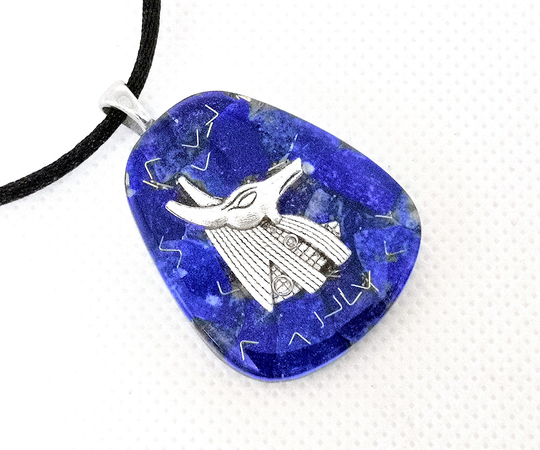 Orgone Energy Pendant Necklace Silver Anubis Egyptian God & Lapis Lazuli Stones. Made in Usa