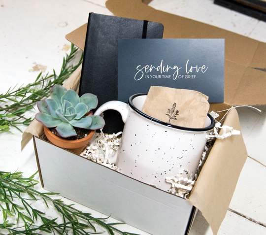 Sending Love Grief Gift Box With Leather Journal & Campfire Mug | Succulent Comfort Lost Loved One
