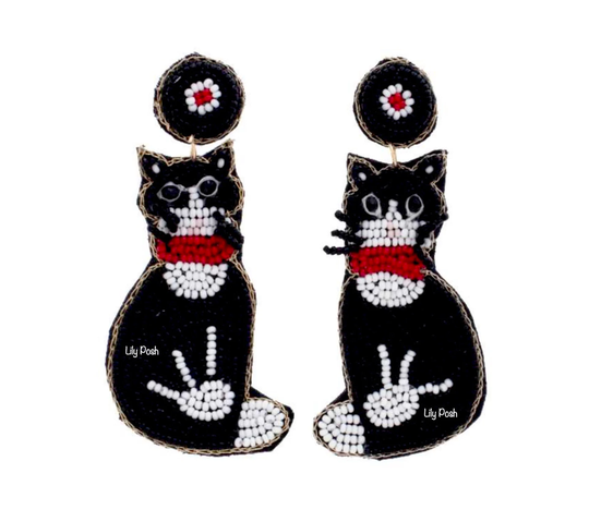 Cat Earring, Seed Bead Black Lovers, Gifts, Animal Earring