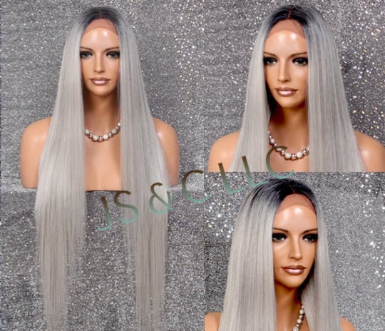 45" Human Hair Blend Lace Front Wig Hand Tied Center Part Straight Heat Safe Grey Silver W. Dk Roots Cancer/Alopecia/Cosplay/Anime/Emo