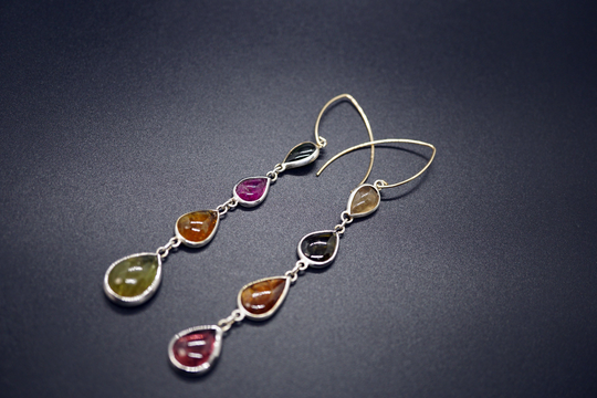 Nautural Cabochon Tourmaline Dangle Earring Silver Edged Various Color Boho Gift For Her