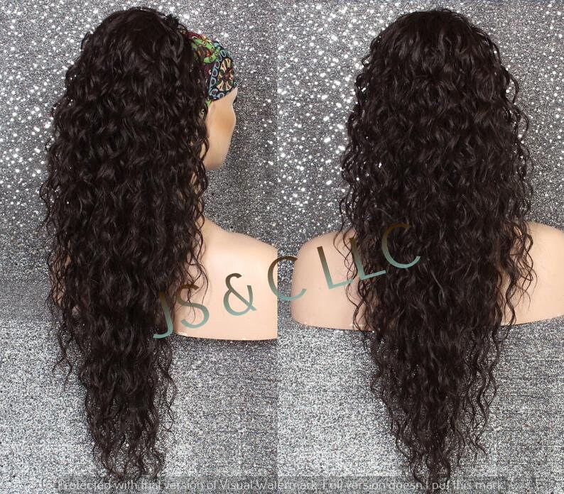 Brown Human Hair Blend Ponytail Piece Drawstring Extra Long Wavy Simply Put It On & Go Can Be Wrapped Around As A Bun