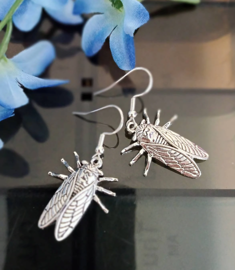 Cicada Dangling Drop Earrings, Sterling Silver Or Stainless Steel Hooks