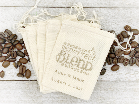 Personalized Coffee Favor Bags For Wedding, Shower, Party - The Perfect Blend, Hand Stamped Cotton Drawstring Bags Coffee Gift Guests