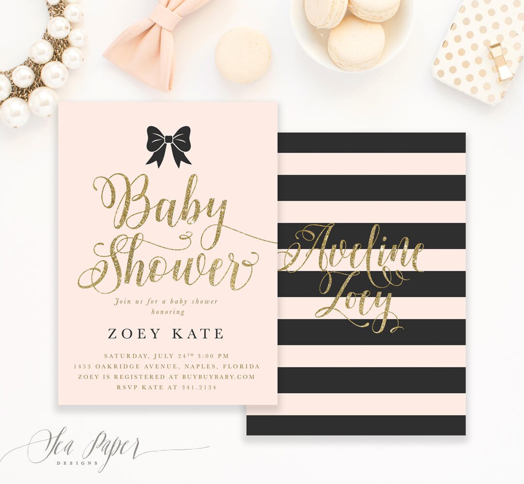 Girl Baby Shower Invitation Invitation Girl, Pink & Black Bow, Stripes, Blush & Gold. Printed Or Digital - Zoey
