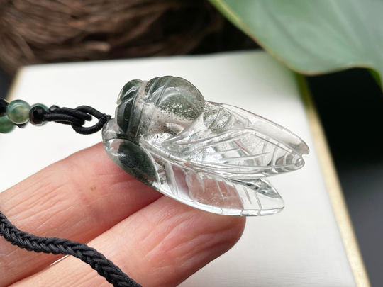 Green Phantom Crystal Pendant, Carved Cicada Pendant, Handmade Jewelry, Healing Crystal & Stone D092025