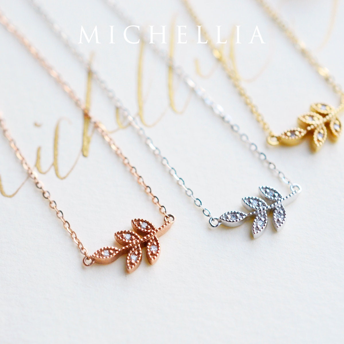 Viridis Diamond Leaf Necklace, Pendent, Woodland Garden Wedding Bridal Gift For Her, Accessories, 14K 18K Solid Rose Gold, Platinum