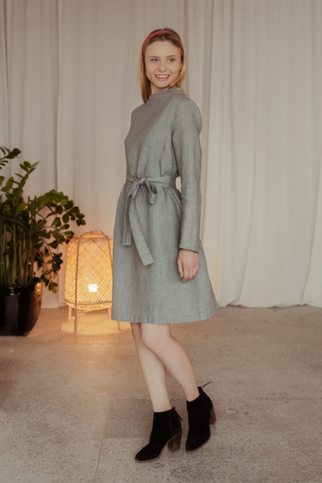 Linen Wool Blend Comfortable Dress High Neck/ Petite Casual Knee Length/ Simple & Minimalist Long Sleeved/ Elegant