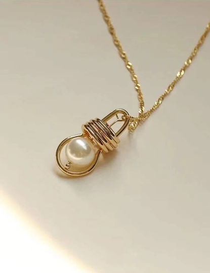 Light Bulb Inspired Necklace; Pearl Drop Vintage Style Gold Pendent For Her