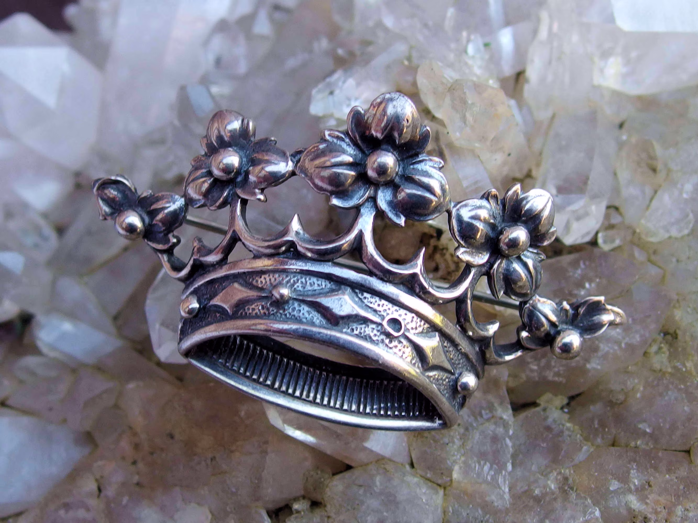 sterling Silver Guglielmo Cini Trillium Floral Crown Brooch, Signed, 10.6 G