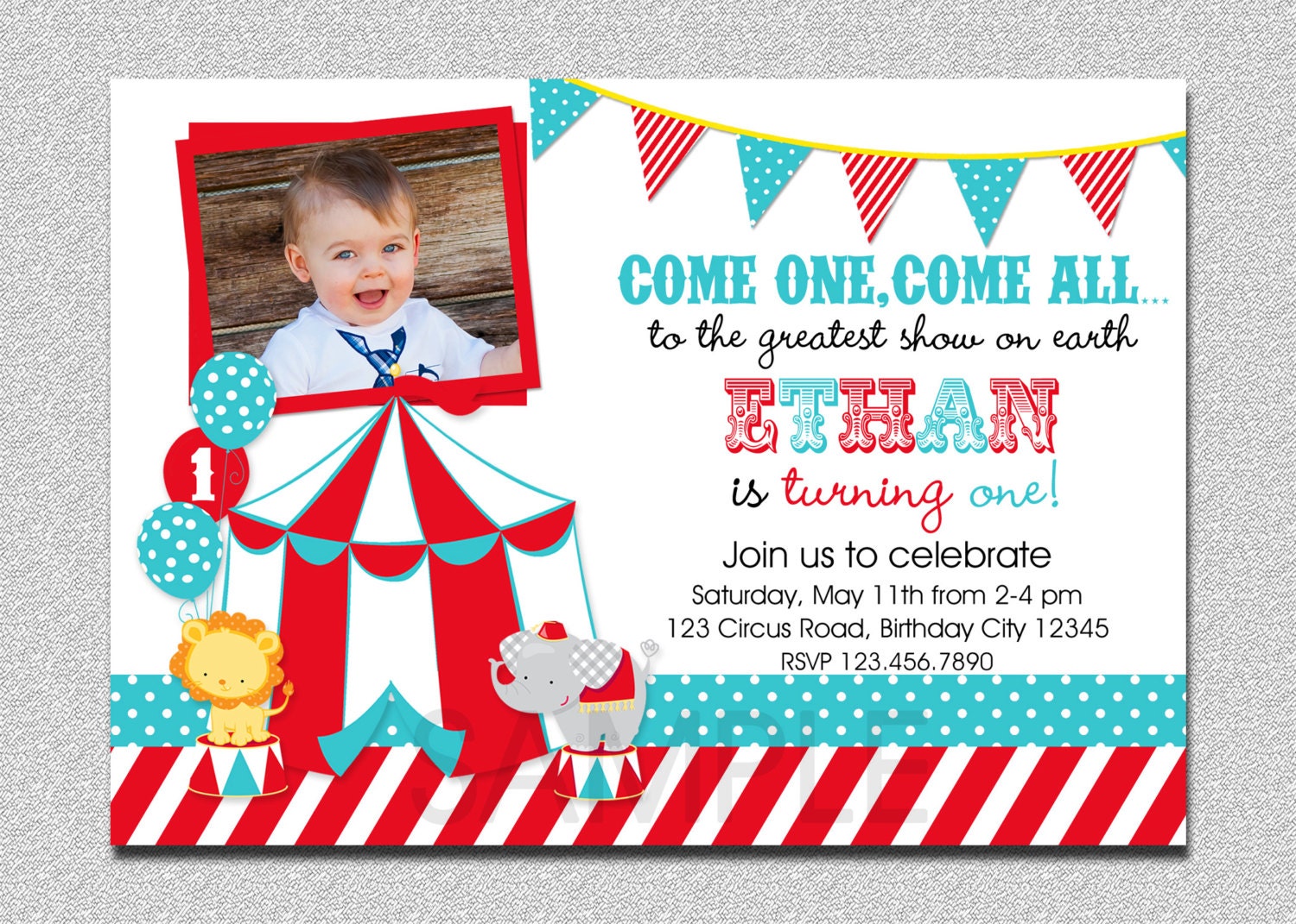 Circus Birthday Invitation, 1st Party Party, Carnival Kids Invitations