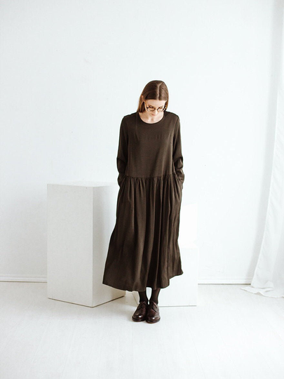 Loose Fitting Dark Green Wool Blend Dress With Ruffled Skirt, Flattering Long Sleeves, Maxi Lengths Dress, Fit & Flare
