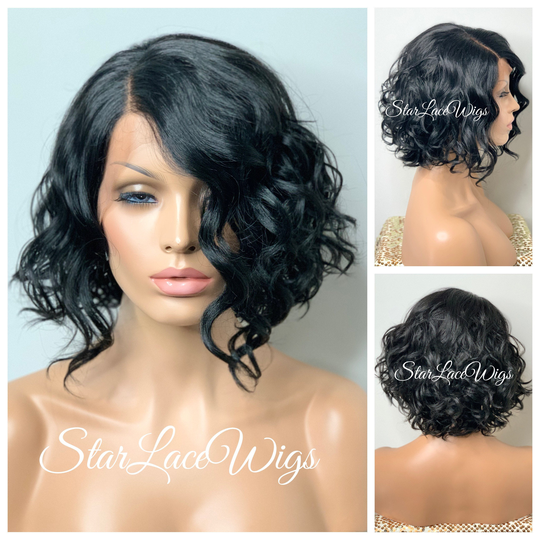 Lace Front Wig Human Hair Blend Black Brown Wavy Short Bob Side Part Heat Resistant Wigs For Women