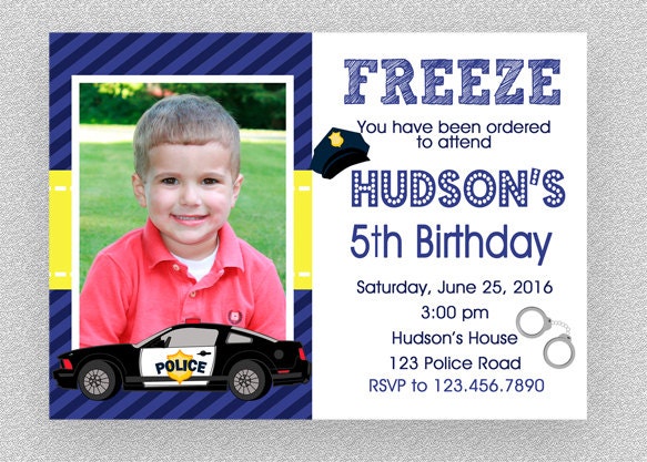 Police Birthday Invitation , Party Printable, Policeman Invitation, Car Photo