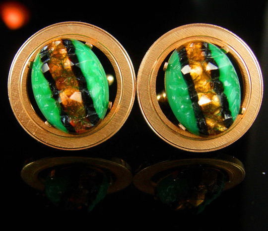 Outstanding Foil Cufflinks Dante Gold Plate Large Jewellery Green Stripe Carved Stone Birthday Wedding Groom Gift Cuff Links