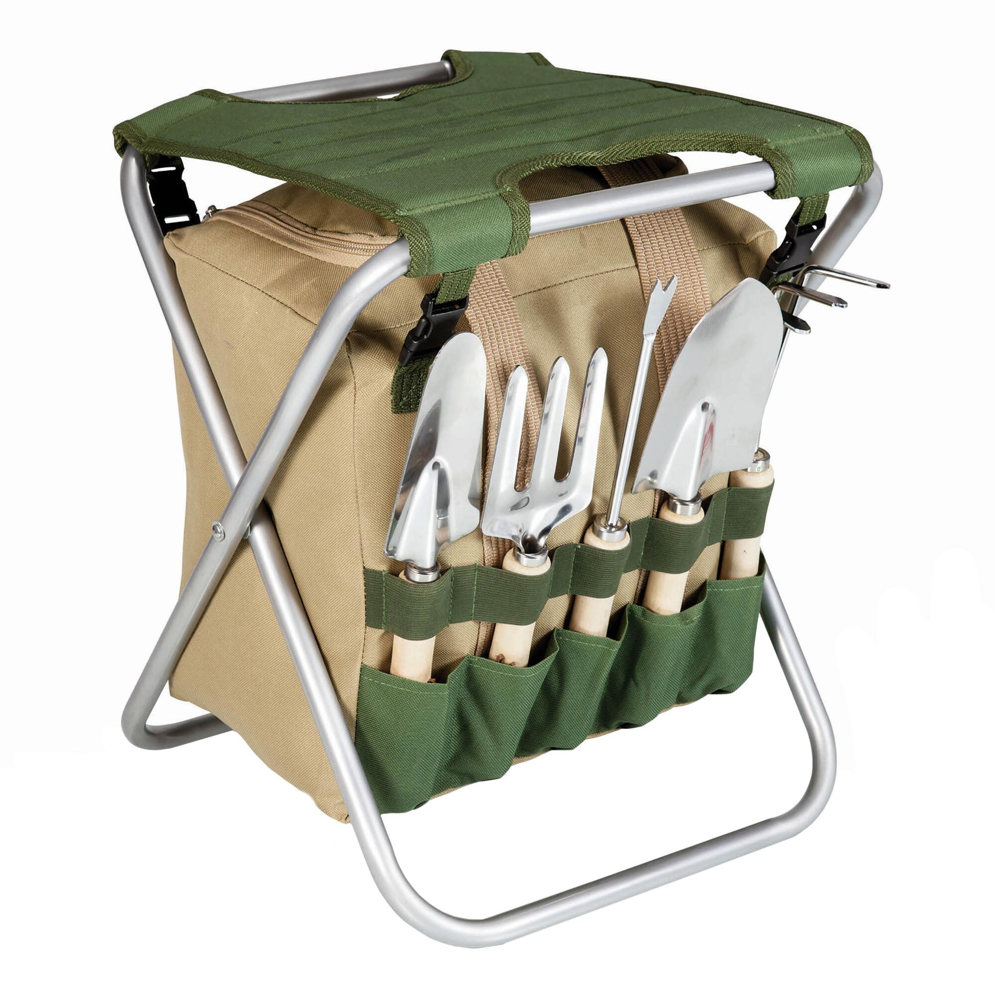 Picnic Time Beige and Green Folding Garden Stool with Tools by World Market
