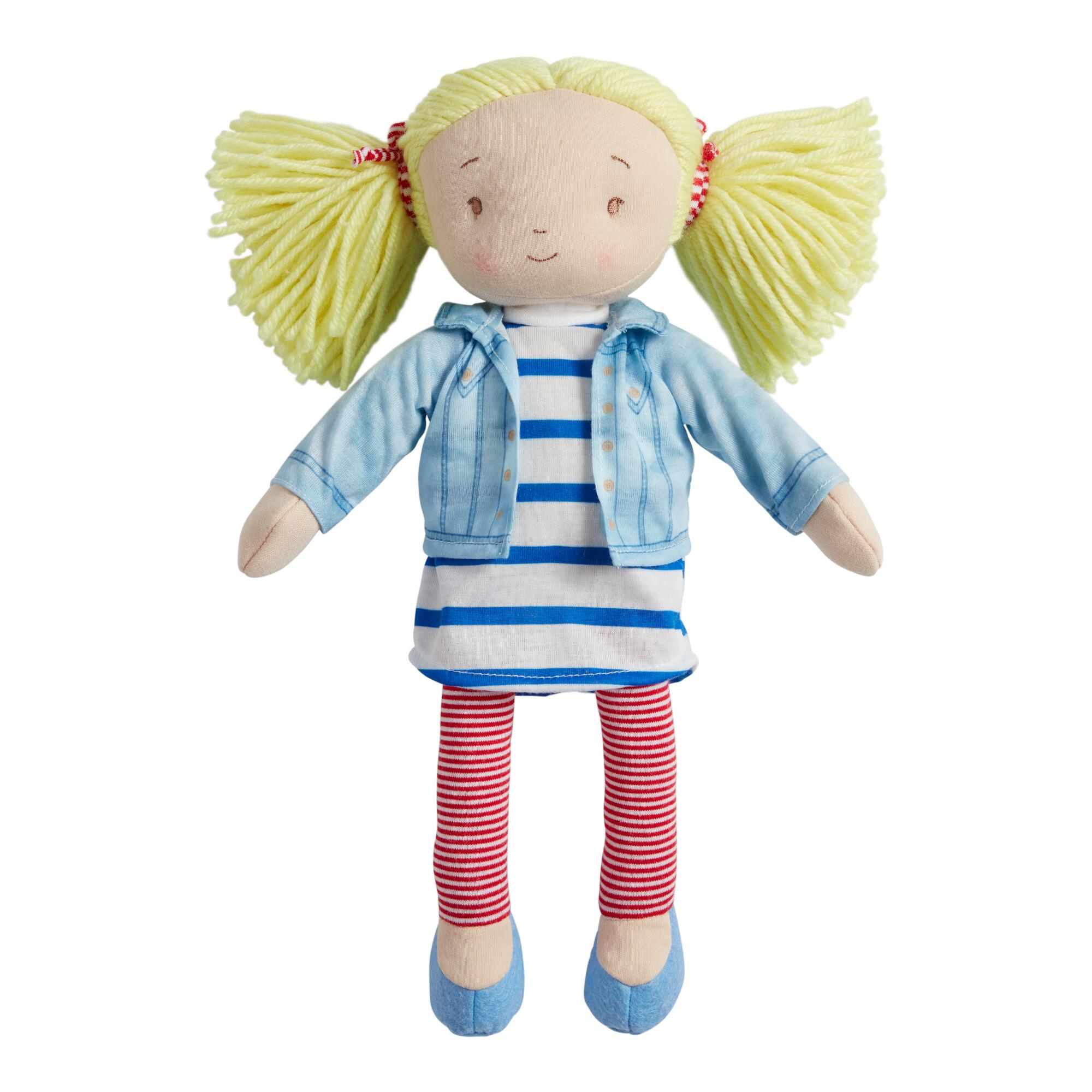 Global Sisters Denim and Stripes Plush Stuffed Doll: Blue - Polyester by World Market