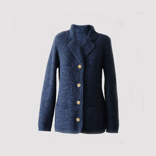 Women's Blazer Cardigan, Alpaca Blend in Color Blue Mixed, With Four Button Closure