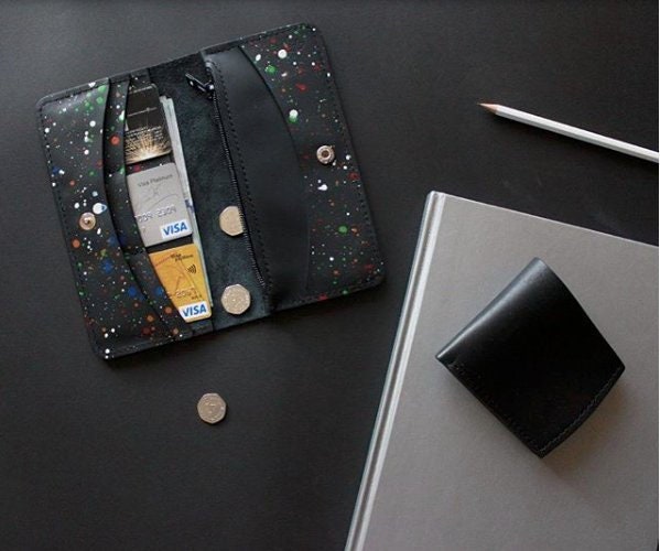 Space Theme Leather Wallet - Personalized Gift For Women Small Slim Card Holder Purse