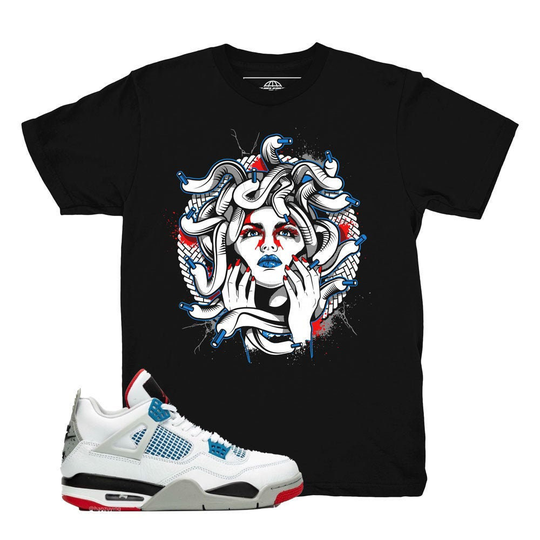 Jordan 4 What The Four Medusa Black Sneaker Shirt | Retro Tees