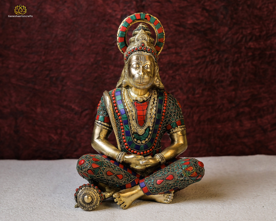 Lord Hanuman Statue | Brass Mosaic Stone Work Bajrangbali Idol God Of Strength Meditation 30cm