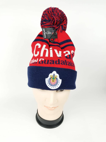 Chivas De Guadalajara Red/Blue Soccer Hat, Gorro Mexican Team Pom Beanie